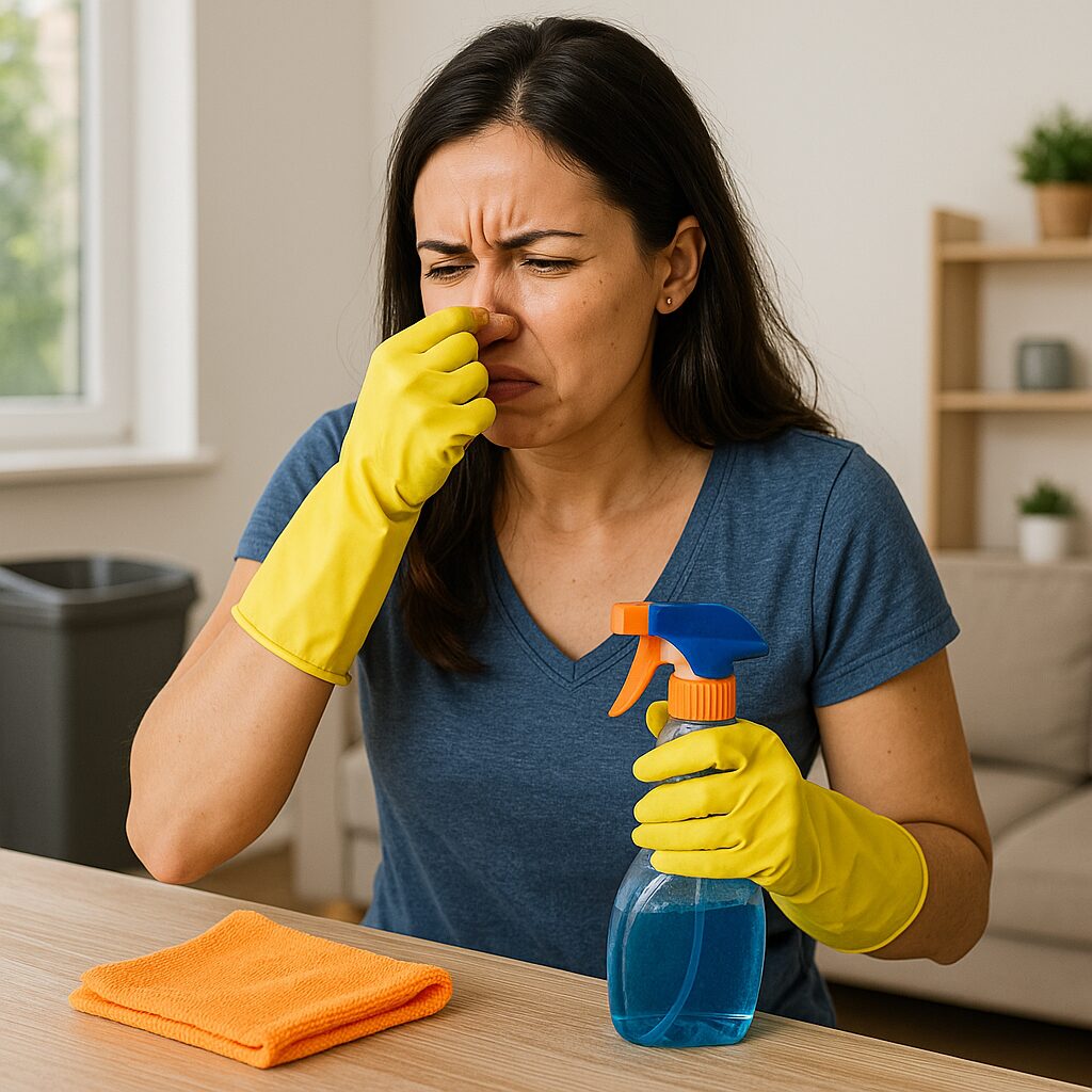 Woman wearing yellow cleaning gloves holding her nose due to an unpleasant smell while cleaning with a spray bottle and cloth on a table.